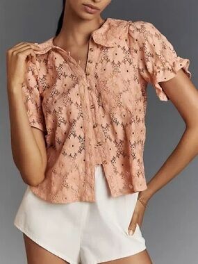 Pilcro The Keira Collared Button-front Blouse By Lace Edition In Orange